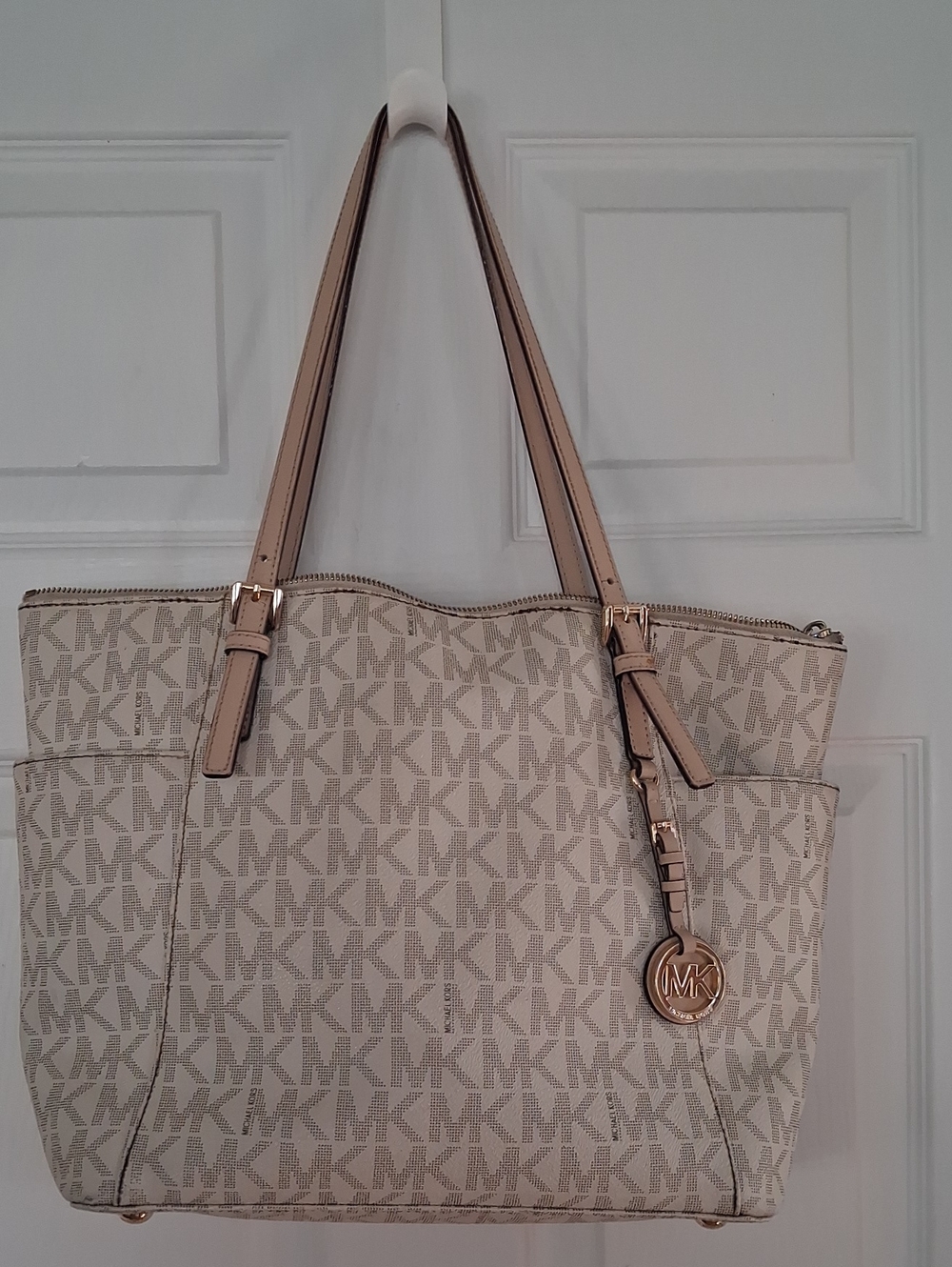 Michael Kors Beige Logo Tote with Gold-Tone Charm